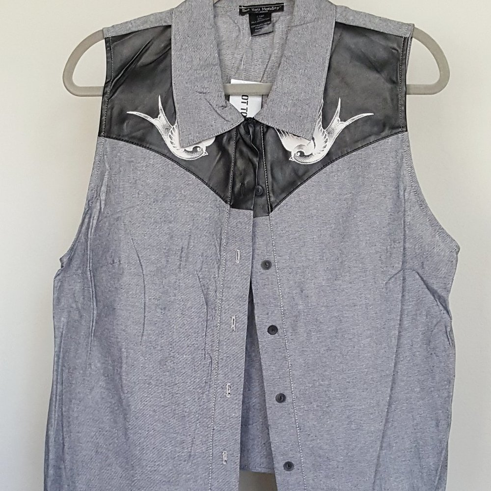 SEE YOU MONDAY Shirt XXL NWT Sleeveless Tie Waist Tattoo Swallows Chambray